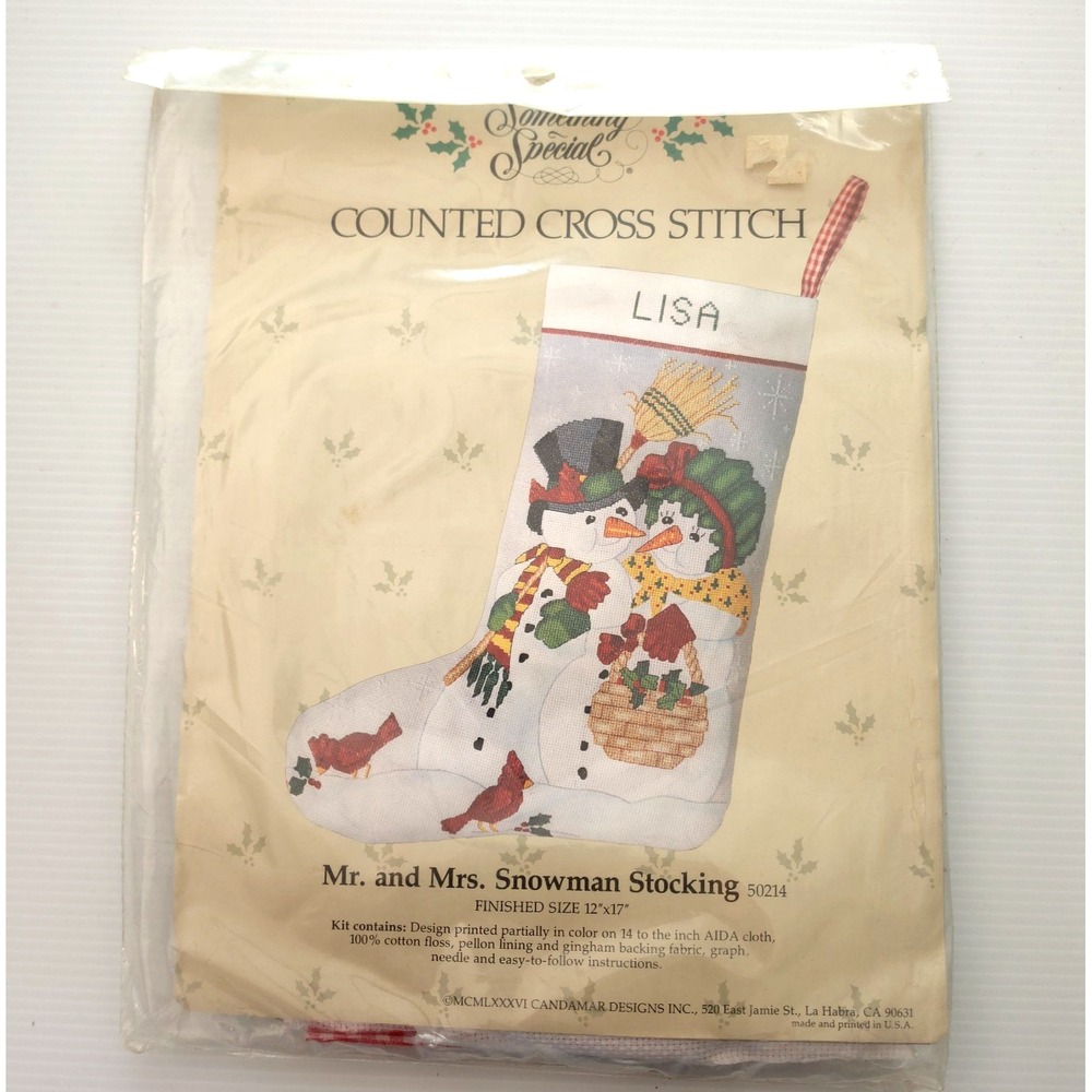 Vintage Mr. and Mrs. Snowman Cross Stitch Stocking Kit Something Special SEALED